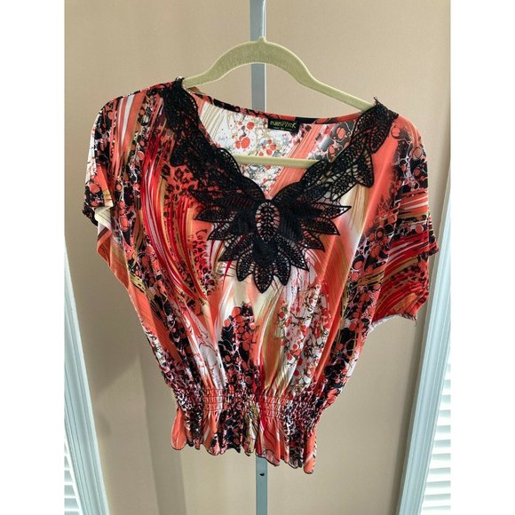 Paris Pink Womens Shirt Medium Pink Black Top V-Neck Spring Summer Work Career - Picture 4 of 8